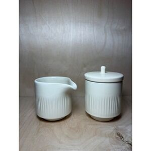 Citrine Creamer and Lidded Sugar Bowl Set Cream Ribbed‎ Ceramic Minimalist